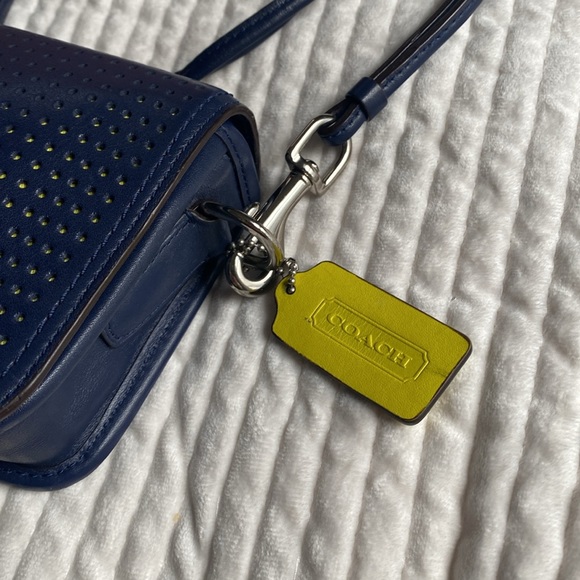 Coach Perforated Leather Penny Shoulder Purse in Navy and Bright Citrine - Picture 4 of 9